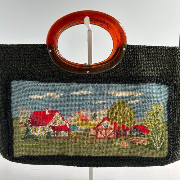 Mid Century Lucite Handle Needlepoint Handbag - Picture 1 of 12